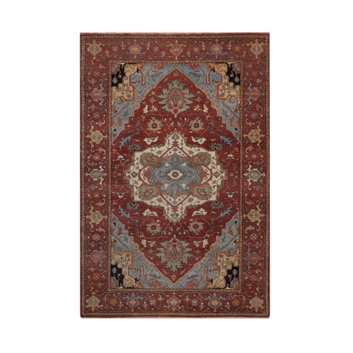 Brick Red, Antiqued Fine Heriz Re-Creation with Medallion Design, Vegetable Dyes, Denser Weave, Hand Spun New Zealand Wool, Hand Knotted, Oriental 