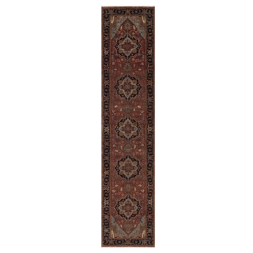 Barn Red, Antiqued Fine Heriz Re-Creation, Medallions Design, Hand Spun New Zealand Wool, Denser Weave, Vegetable Dyes, Hand Knotted, Runner, Oriental 