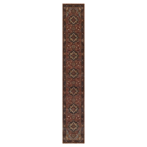 Barn Red, Vegetable Dyes, Antiqued Fine Heriz Re-Creation, Medallions Design, Denser Weave, Hand Spun New Zealand Wool, Hand Knotted, Runner, Oriental 