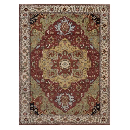 Barn Red, Hand Knotted, Antiqued Fine Heriz Re-Creation with Medallion Design, Hand Spun New Zealand Wool, Denser Weave, Vegetable Dyes, Oriental 