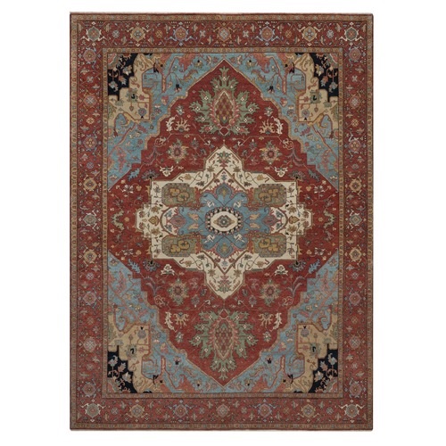 Brick Red, Antiqued Fine Heriz Re-Creation with Medallion Design, Denser Weave, Vegetable Dyes, Hand Spun New Zealand Wool, Hand Knotted, Oriental 