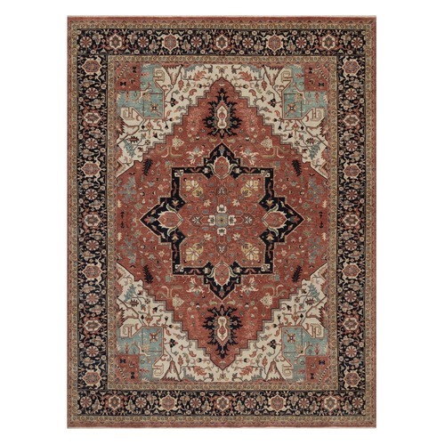 Auburn Red, Hand Spun New Zealand Wool, Hand Knotted, Antiqued Fine Heriz Re-Creation with Geometric Medallion, Vegetable Dyes, Denser Weave, Oriental 