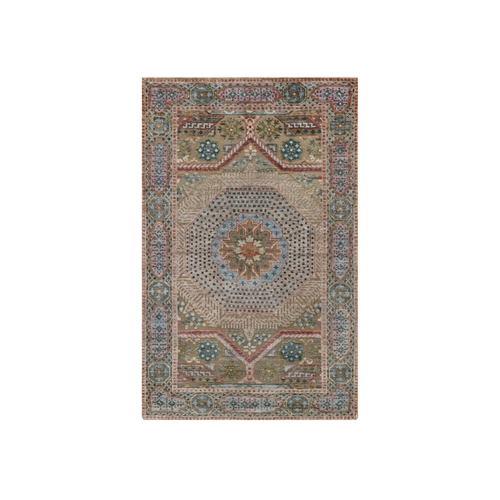 Lark Brown, Mamluk Design with Star Medallion, Textured Wool and Silk, Hand Knotted, Oriental Rug