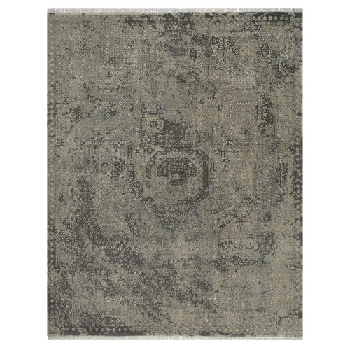 Stone Gray, Erased and Broken Mamluk Design, Hand Knotted, 100% Wool, Densely Woven, Oriental 