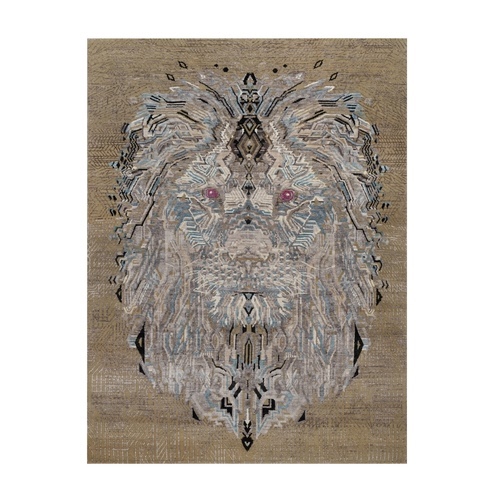 Peanut Brown, Soft Pile, The Maharaja Lion Novelty, Wool and Silk, Hand Knotted, Oriental 