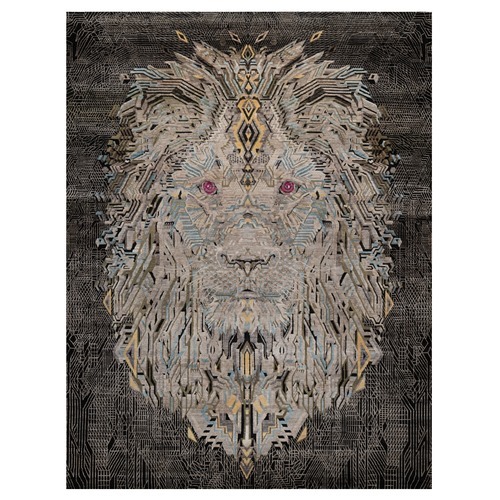 Ebony Black, The Maharaja Lion Novelty, Wool and Silk, Hand Knotted, Soft Pile, Oriental 