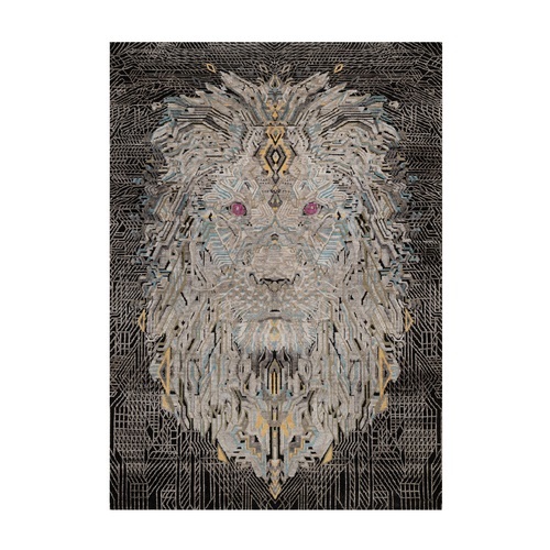 Onyx Black with Brown, The Maharaja Lion Novelty, Soft Pile, Wool and Silk, Hand Knotted, Oriental 