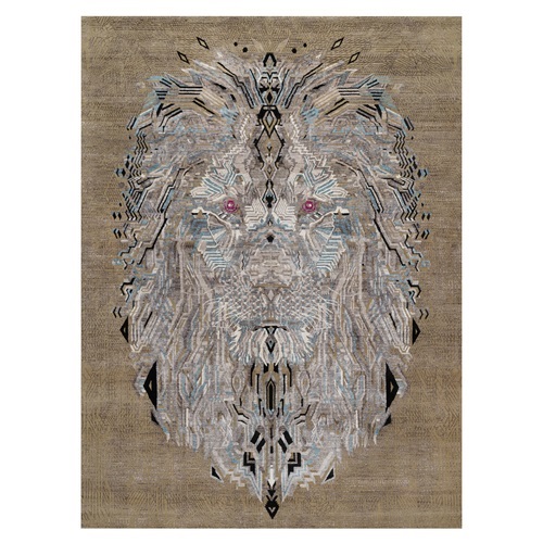 Almond Brown, The Maharaja Lion Novelty, Wool and Silk, Hand Knotted, Soft Pile, Oriental 