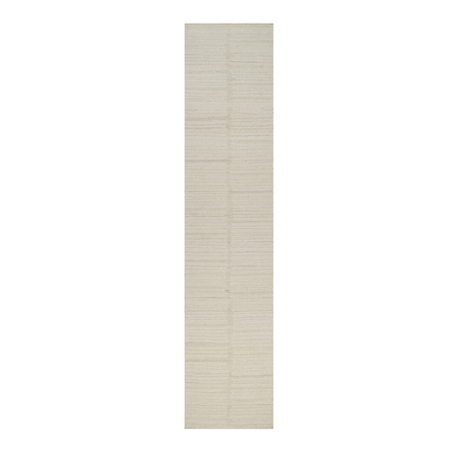 Lace White, Modern, Piled Flat Weave, Tone on Tone, Textured, Undyed Natural Wool, Hand Knotted, Runner, Oriental 