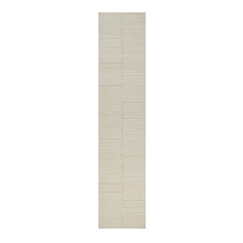 Lace White, Hand Knotted, Modern, Piled Flat Weave, Tone on Tone, Textured, Undyed Natural Wool, Runner, Oriental 