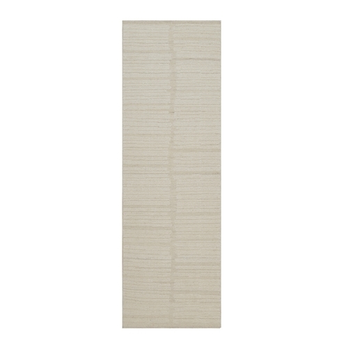 Lace White, Hand Knotted, Modern, Piled Flat Weave, Tone on Tone, Textured, Undyed Natural Wool, Runner, Oriental Rug