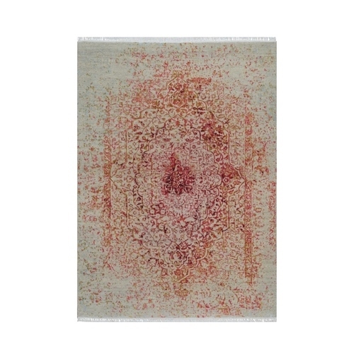 Ivory with Pink, Hand Knotted, Persian Erased Medallion Design, Wool and Pure Silk, Oriental 