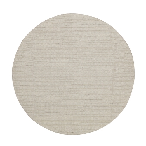 Lace White, Hand Knotted, Modern, Piled Flat Weave, Tone on Tone, Textured, Undyed Natural Wool, Round, Oriental 