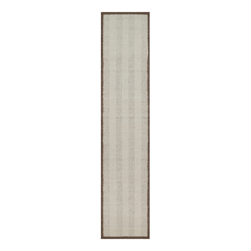Winter White, Hand Knotted, Undyed Natural Wool, Modern, Vertical Stripes Design, Piled Flat Weave, Tone on Tone, Textured, Runner, Oriental 
