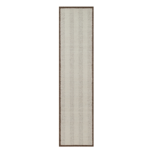 Winter White, Textured, Modern, Vertical Stripes Design, Piled Flat Weave, Tone on Tone, Hand Knotted, Undyed Natural Wool, Runner, Oriental 