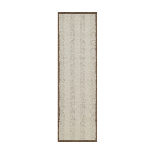 Winter White, Tone on Tone, Modern, Vertical Stripes Design, Piled Flat Weave, Textured, Hand Knotted, Undyed Natural Wool, Runner, Oriental 