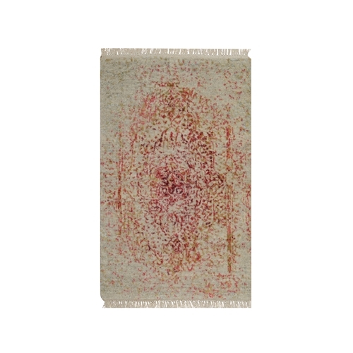 Ivory with Pink, Persian Erased Medallion Design, Wool and Pure Silk, Hand Knotted, Mat, Sample, Oriental 