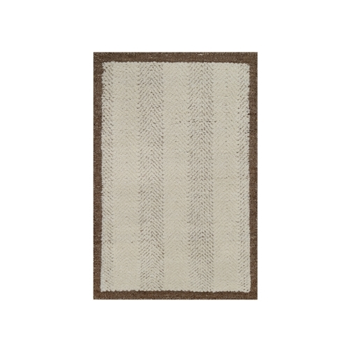 Winter White, Modern, Hand Knotted, Vertical Stripes Design, Piled Flat Weave, Tone on Tone, Textured, Undyed Natural Wool, Mat, Sample, Oriental 
