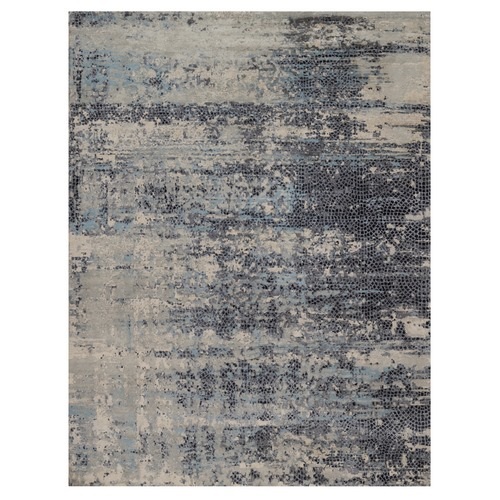 Blue and Gray, Hand Knotted, Modern Abstract with Mosaic Design, Wool and Silk, Oriental 