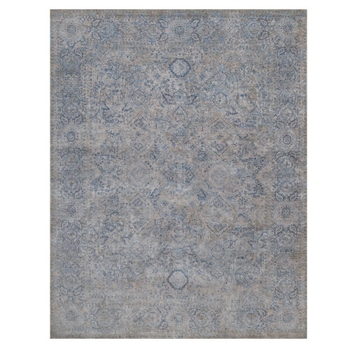 Blue-Gray, Persian Broken and Erased All Over Design, Hand Knotted, Pure Silk, Densely Woven, Oriental 