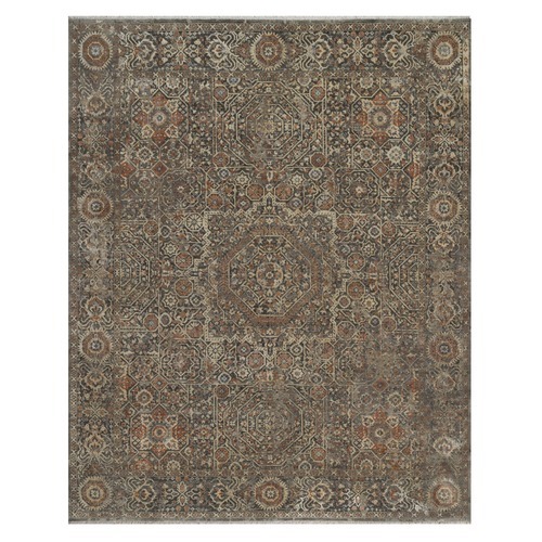 Ash Gray, Erased and Broken Mamluk Design, Hand Knotted, 100% Wool, Densely Woven, Oriental 