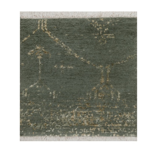 Thyme Green, Modern Design, Tone on Tone, Wool and Silk, Hand Knotted, Sample, Square, Mat, Oriental 