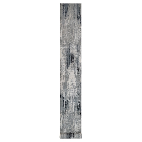 Black with Touches of Ivory, Abstract Design, Hand Knotted, Wool and Silk, XL Runner, Oriental 