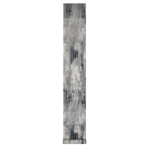 Black with Touches of Ivory, Hand Knotted, Abstract Design, Wool and Silk, XL Runner, Oriental 
