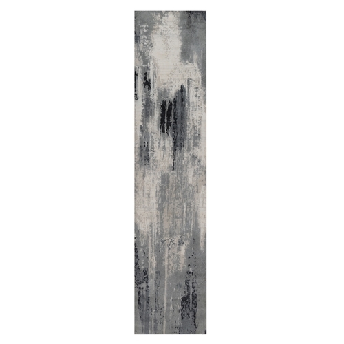 Black with Touches of Ivory, Hand Knotted, Abstract Design, Wool and Silk, Runner, Oriental 