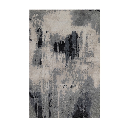 Black with Touches of Ivory, Abstract Design, Wool and Silk, Hand Knotted, Mat, Sample, Oriental 