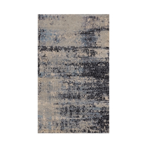 Blue and Gray, Hand Knotted, Modern Abstract with Mosaic Design, Wool and Silk, Oriental 