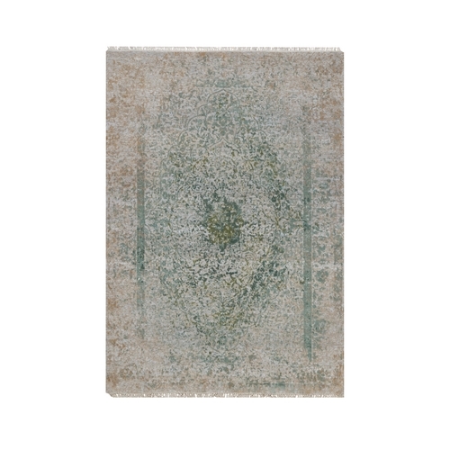 Silver with Green, Persian Erased Medallion Design, Hand Knotted, Wool and Pure Silk, Oriental 