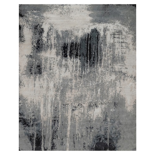 Black with Touches of Ivory, Abstract Design, Hand Knotted, Wool and Silk, Oriental 