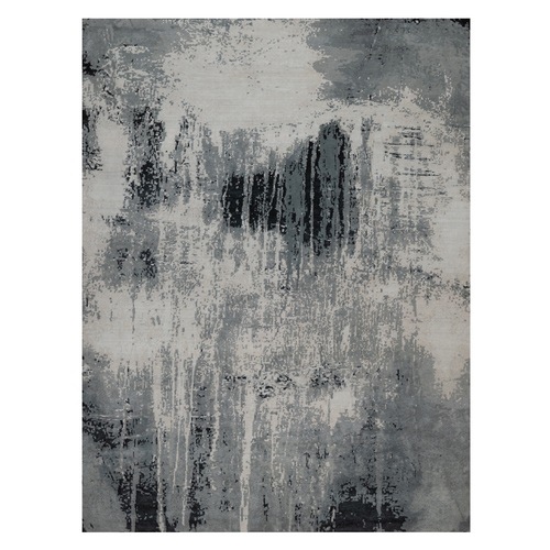 Black with Touches of Ivory, Abstract Design, Hand Knotted, Wool and Silk, Oriental 