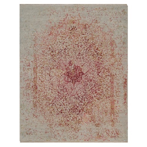 Ivory with Pink, Hand Knotted, Persian Erased Medallion Design, Wool and Pure Silk, Oriental 