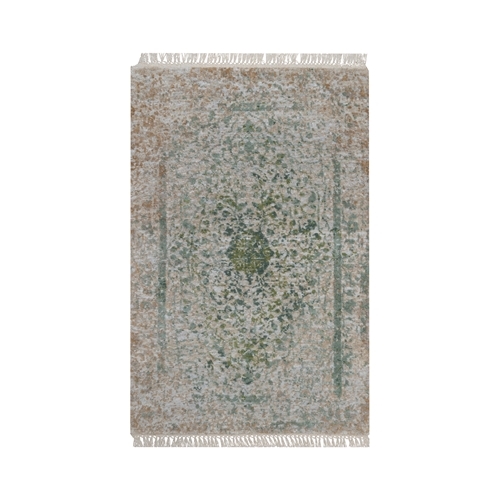 Silver with Green, Persian Erased Medallion Design, Hand Knotted, Wool and Pure Silk, Mat, Sample, Oriental 