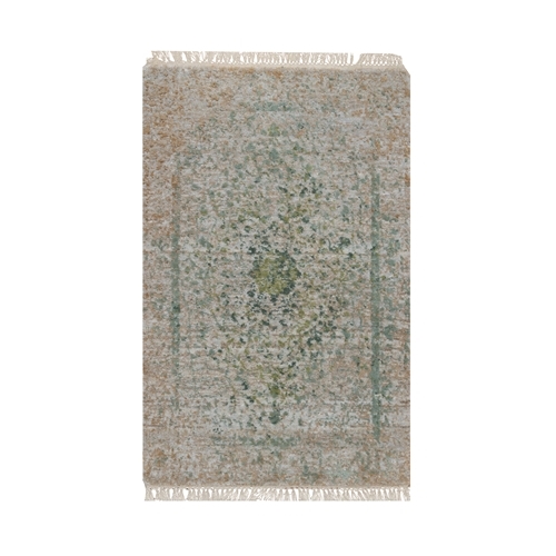Silver with Green, Hand Knotted, Persian Erased Medallion Design, Wool and Pure Silk, Sample, Mat, Oriental 