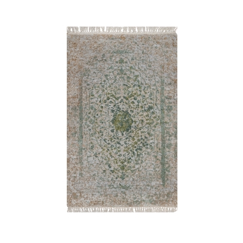 Silver with Green, Persian Erased Medallion Design, Hand Knotted, Wool and Pure Silk, Sample, Mat, Oriental 