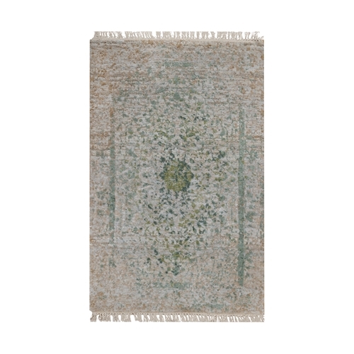 Silver with Green, Persian Erased Medallion Design, Hand Knotted, Wool and Pure Silk, Mat, Sample, Oriental 