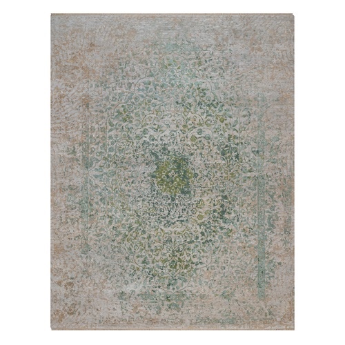 Silver with Green, Persian Erased Medallion Design, Hand Knotted, Wool and Pure Silk, XL, Oversized, Oriental 