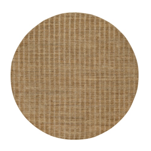 Camel Brown, Undyed Natural Wool, Vertical Stripes Design with Salt and Pepper Effect, Hand Loomed, Round, Oriental 