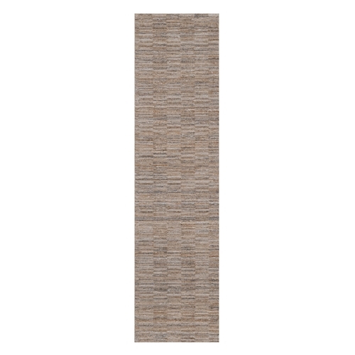 Beaver Brown, Modern Grid Pattern, Hand Loomed, Polyester, Textured, Runner, Oriental 