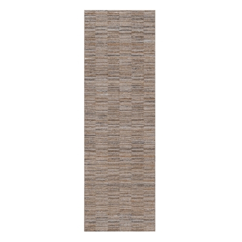 Beaver Brown, Modern Grid Pattern, Hand Loomed, Polyester, Textured, Runner, Oriental 