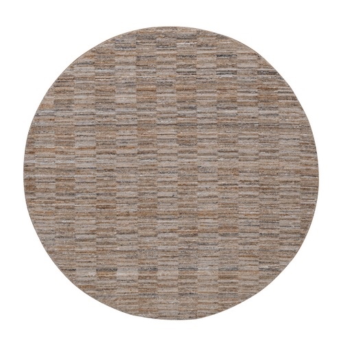 Beaver Brown, Modern Grid Pattern, Polyester, Textured, Hand Loomed, Round, Oriental 