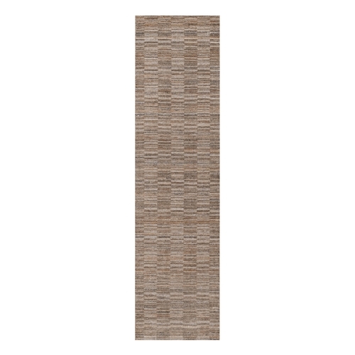 Beaver Brown, Modern Grid Pattern, Polyester, Textured, Hand Loomed, Runner, Oriental 
