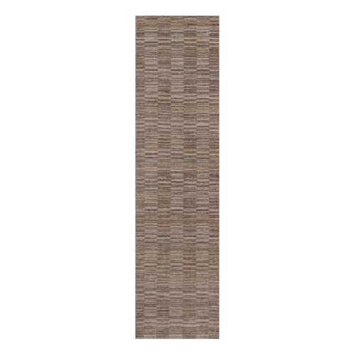 Beaver Brown, Modern Grid Pattern, Polyester, Textured, Hand Loomed, Runner, Oriental 