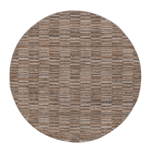 Beaver Brown, Modern Grid Pattern, Polyester, Textured, Hand Loomed, Round, Oriental 