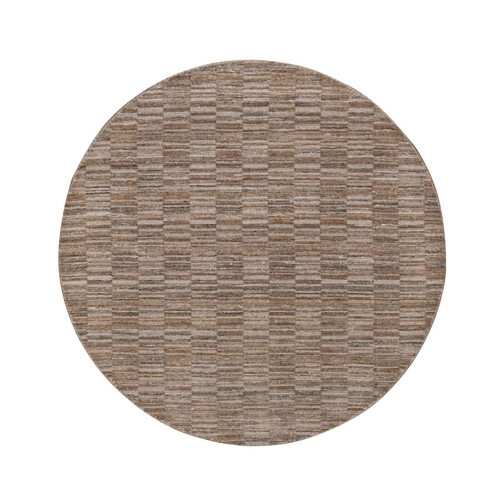 Beaver Brown, Modern Grid Pattern, Polyester, Textured, Hand Loomed, Round, Oriental 