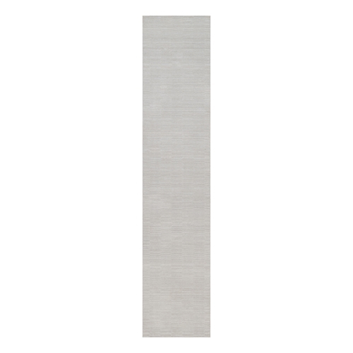 Daisy White, Hand Loomed, Plain Modern Striae Design, Textured, Polyester, Runner, Oriental 