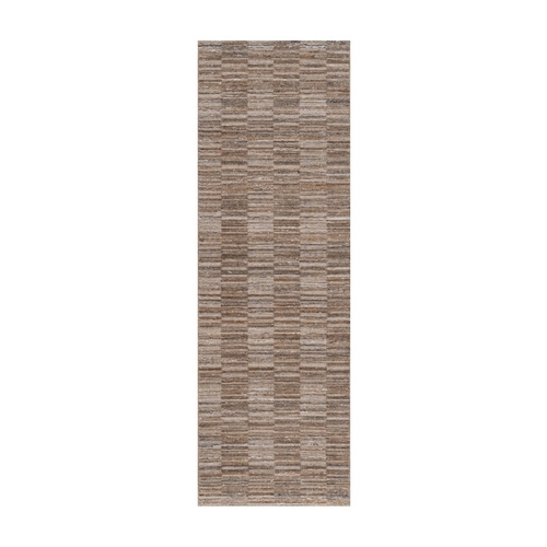 Beaver Brown, Modern Grid Pattern, Hand Loomed, Polyester, Textured, Runner, Oriental 
